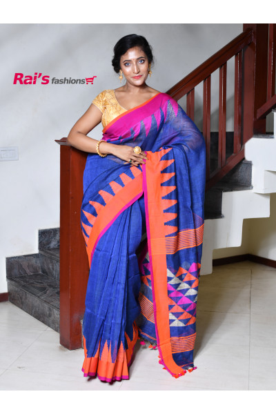 Natural Fabric Linen By Line saree With Temple Pattern Handweaving Border And Pallu (KR105)